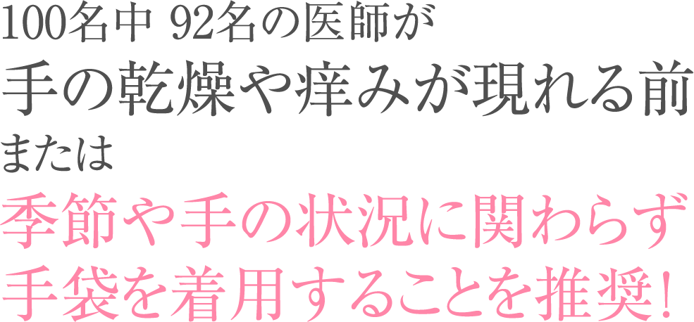 100名中 92名の医師が手の乾燥や痒みが現れる前、または季節や手の状況に関わらず手袋を着用することを推奨！