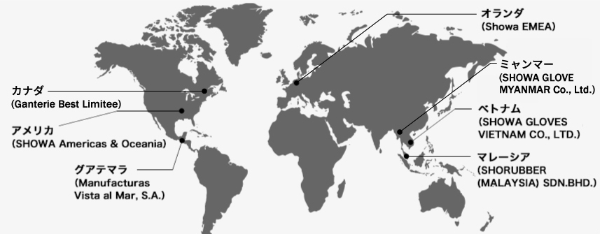 アメリカ （SHOWA Americas & Oceania） グアテマラ （Manufacturas  Vista al Mar, S.A.） オランダ （Showa EMEA） ベトナム （SHOWA GLOVES  VIETNAM CO., LTD.） マレーシア （SHORUBBER  (MALAYSIA) SDN.BHD.）